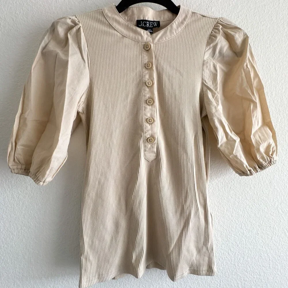 J.Crew New Vintage Rib Puff Sleeve Henley Top in Light Khaki Natural Size XXS